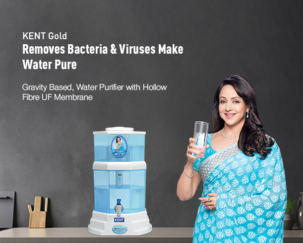Kent Gold gravity water purifier showing a clear, multi-stage filtration system in a sleek design for clean drinking water.