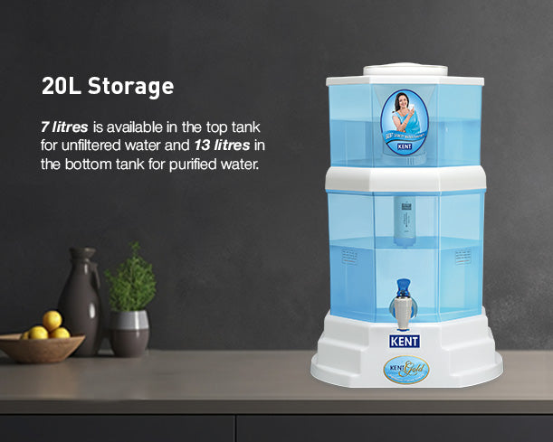 Kent Gold gravity water purifier in white with a transparent water tank and control knob, designed for clean drinking water.