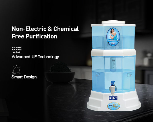 Kent Gold gravity water purifier with transparent water tank and filtration system for clean drinking water.