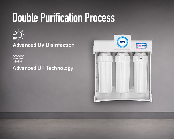 Kent Elixir 1 commercial RO water purifier with stainless steel body and digital display showing water quality and filtration status.