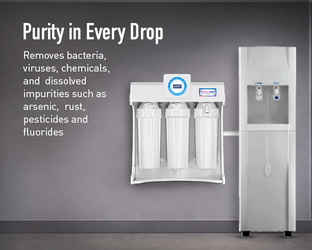 Kent Elixir 1 commercial RO water purifier with sleek white design and digital display, showcasing its compact, modern water filtration system.