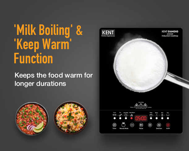 Kent Diamond induction cooktop with milk boiling process, showcasing a sleek black surface and digital control panel.