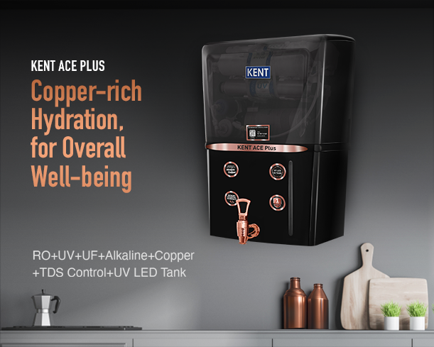 Kent Ace Plus black water purifier from Kent RO Systems, featuring a sleek design and multiple filtration stages.
