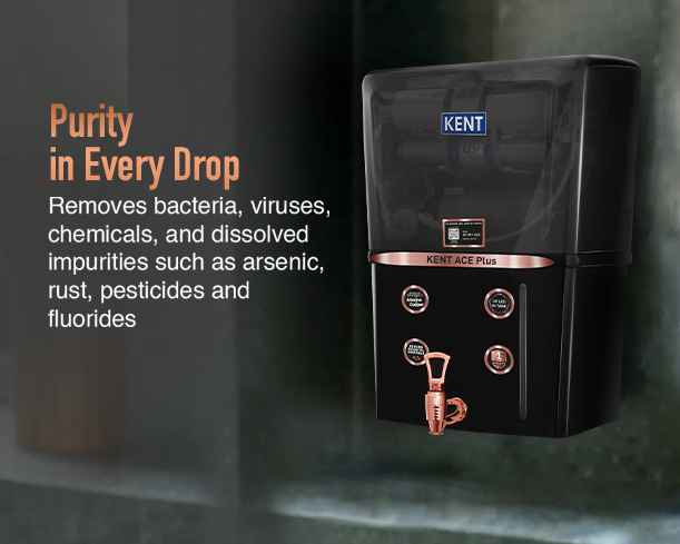 Kent Ace Plus black water purifier from Kent RO Systems with sleek design and clear water output display.