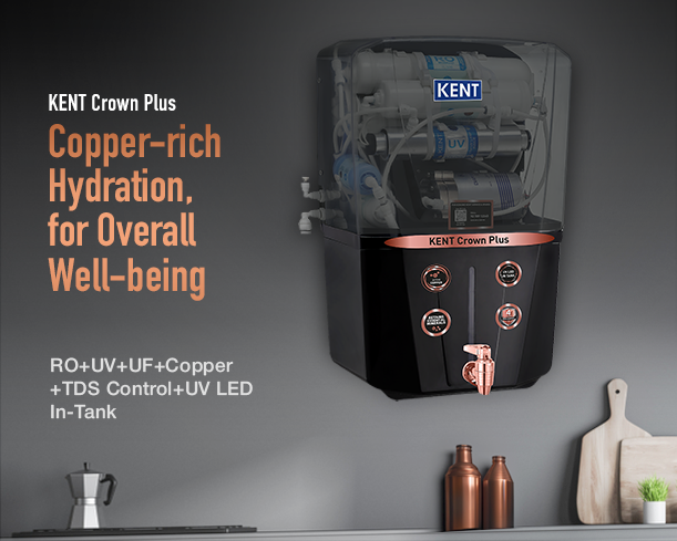 Kent Crown Plus RO water purifier with sleek white design and digital display, showcasing its modern water filtration system.