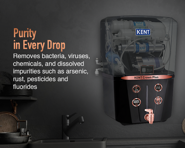 KENT Crown Plus RO Water Purifier with white and gray body, digital display, and multiple water outlet taps.