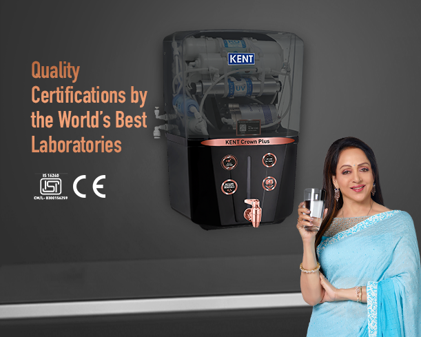 KENT Crown Plus RO water purifier with sleek white design, featuring digital display and multiple filtration stages for clean drinking water.