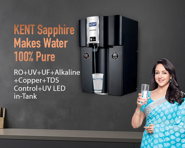 KENT Sapphire RO water purifier with sleek white design and digital display, showcasing its compact build and filtration system.