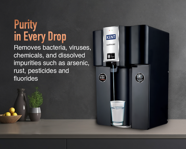 Kent Sapphire RO Water Purifier with sleek design, display panel, and filtration system for clean, purified drinking water.