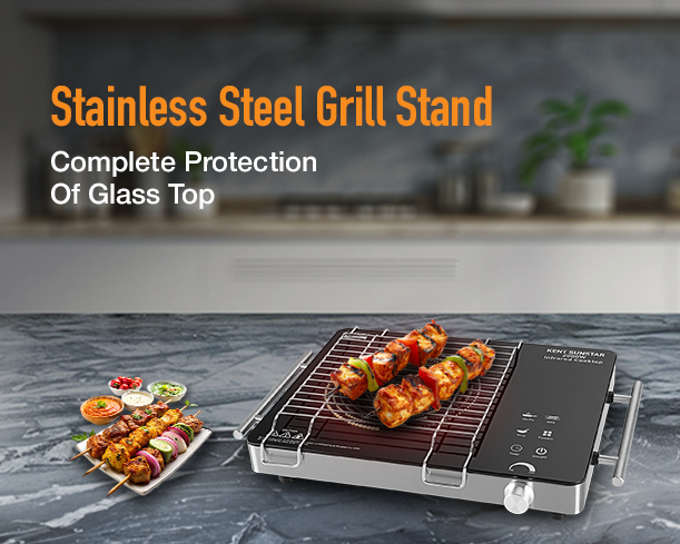 Stainless steel grill stand for Kent Sunstar Infrared Cooktop, featuring a sturdy design and supporting the appliance securely.