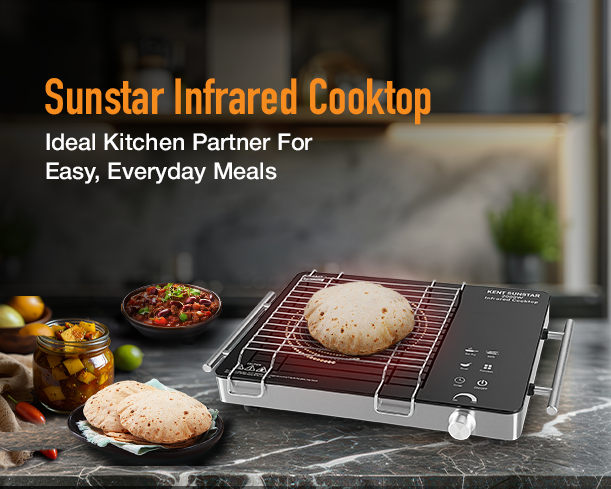 Kent Sunstar infrared cooktop with sleek black surface and control panel, ideal for quick and efficient cooking.
