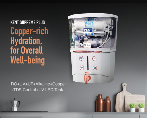 Kent Supreme Plus water purifier from Kent RO Systems with a sleek design and digital display, shown in the image.