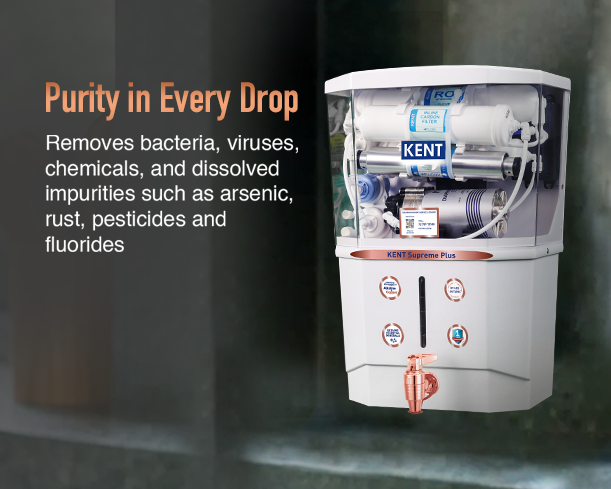 Kent Supreme Plus water purifier from Kent RO Systems with a sleek design and multiple filtration stages visible in the image.