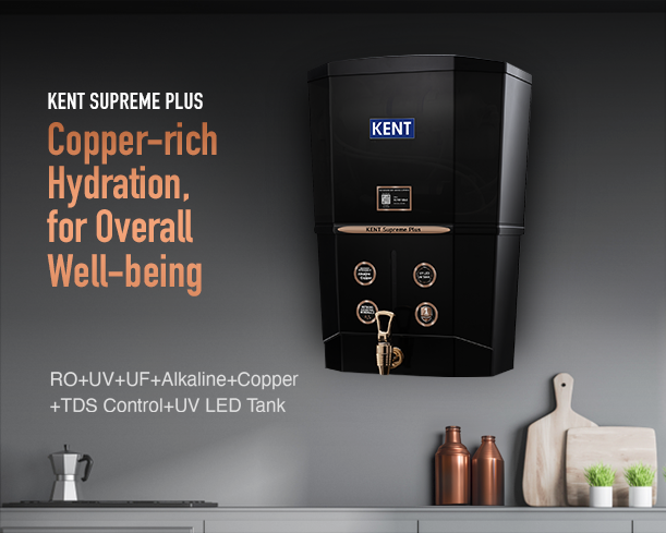 Kent Supreme Plus water purifier from Kent RO Systems with a sleek design and digital display, installed in a modern kitchen setting.