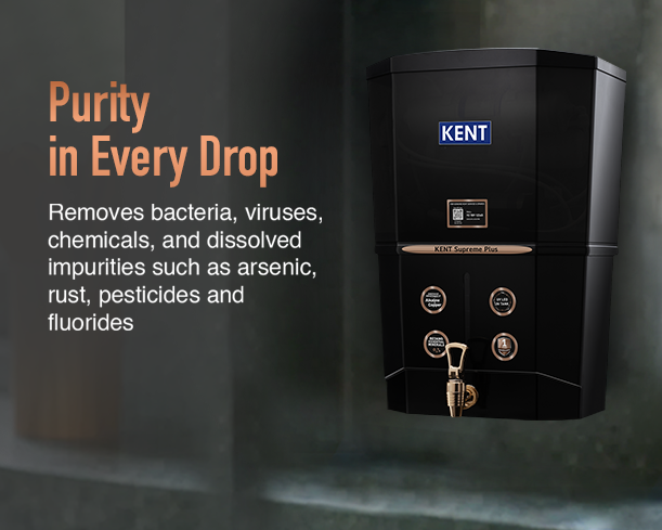 Kent Supreme Plus water purifier with sleek design and digital display, showcasing the advanced filtration system.