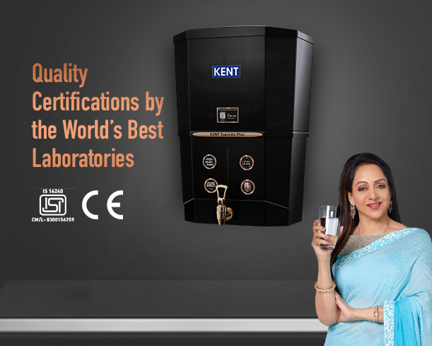 Kent Supreme Plus water purifier from Kent RO Systems with sleek design and digital display, shown in a close-up view.
