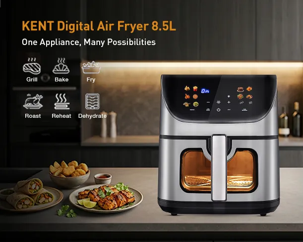 Kent Digital Air Fryer 8.5L shown with digital control panel and spacious cooking basket, ideal for healthy frying.