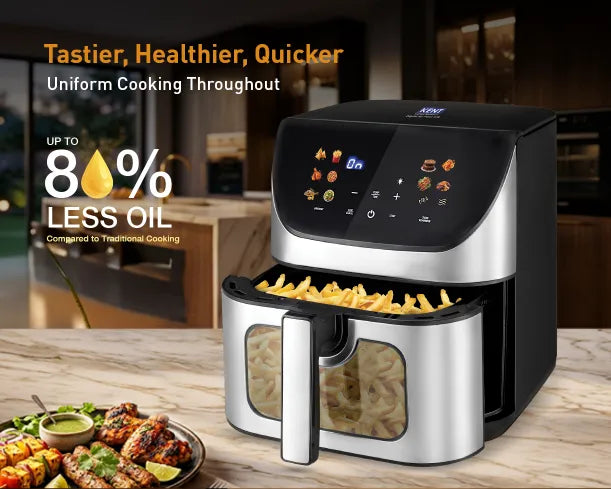 Kent Digital Air Fryer 8.5L with digital controls and stainless steel finish, showcasing its spacious cooking basket.