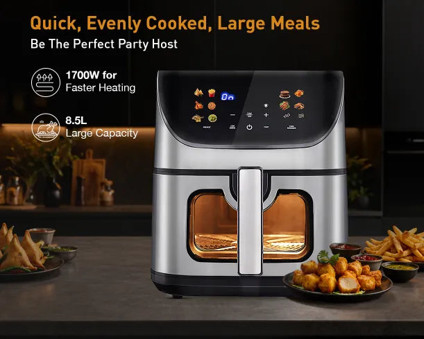 Kent Digital Air Fryer 8.5L showing a sleek black appliance with digital control panel and spacious interior for healthy cooking.