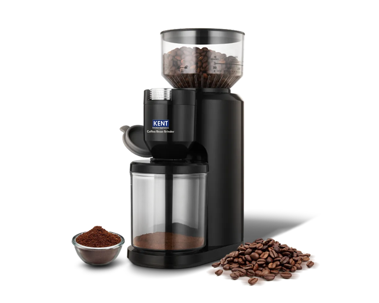 Kent Coffee Bean Grinder by Kent RO Systems showing a sleek electric grinder with stainless steel components and coffee beans.