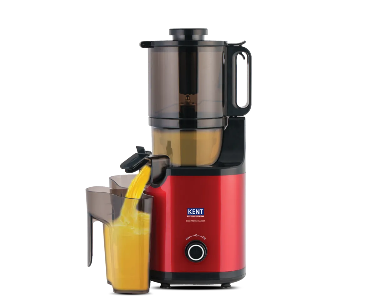 Kent Cold Pressed Juicer from Kent RO Systems showing the sleek stainless steel juicing unit and attached pulp container.