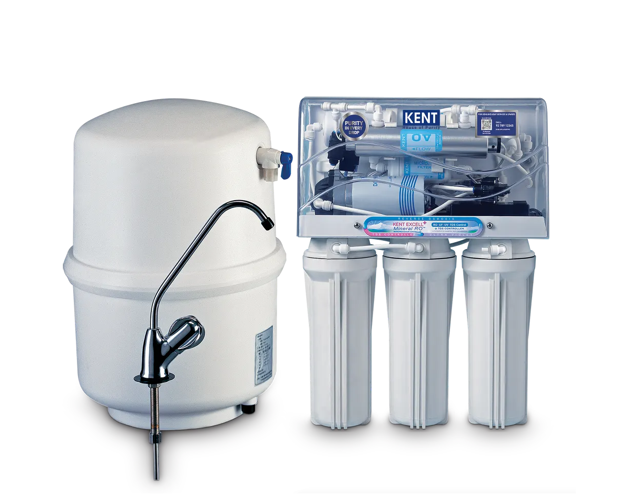 Kent Excell Plus water purifier from Kent RO Systems with a sleek white design and digital display on top.