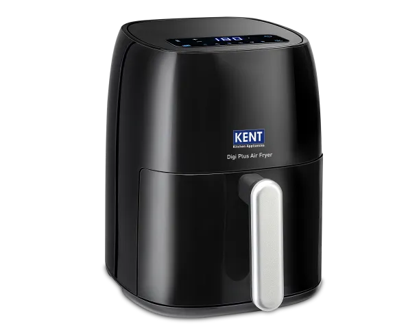 Kent Digi Plus Air Fryer 4L, digital control panel, compact design, black finish, and non-stick cooking basket.