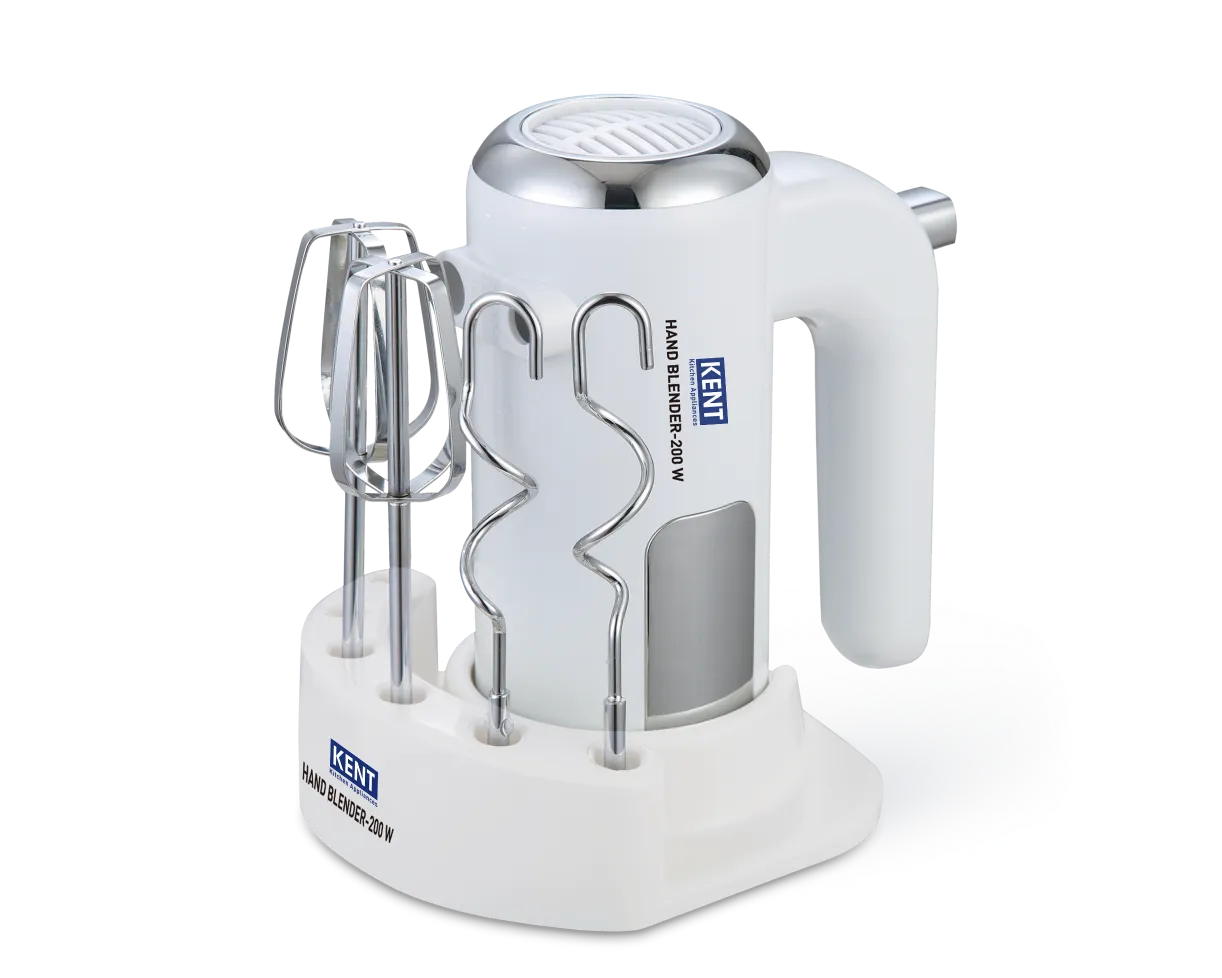 Kent Hand Blender 200W with ergonomic handle and stainless steel blending attachments for versatile kitchen use.