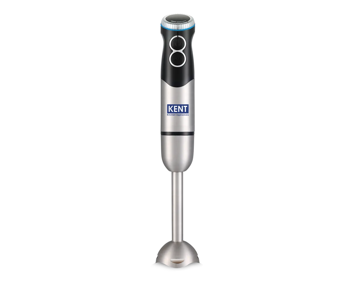 Kent SS Hand Blender 450W with stainless steel blending shaft and control buttons, ideal for smoothies and cooking tasks.