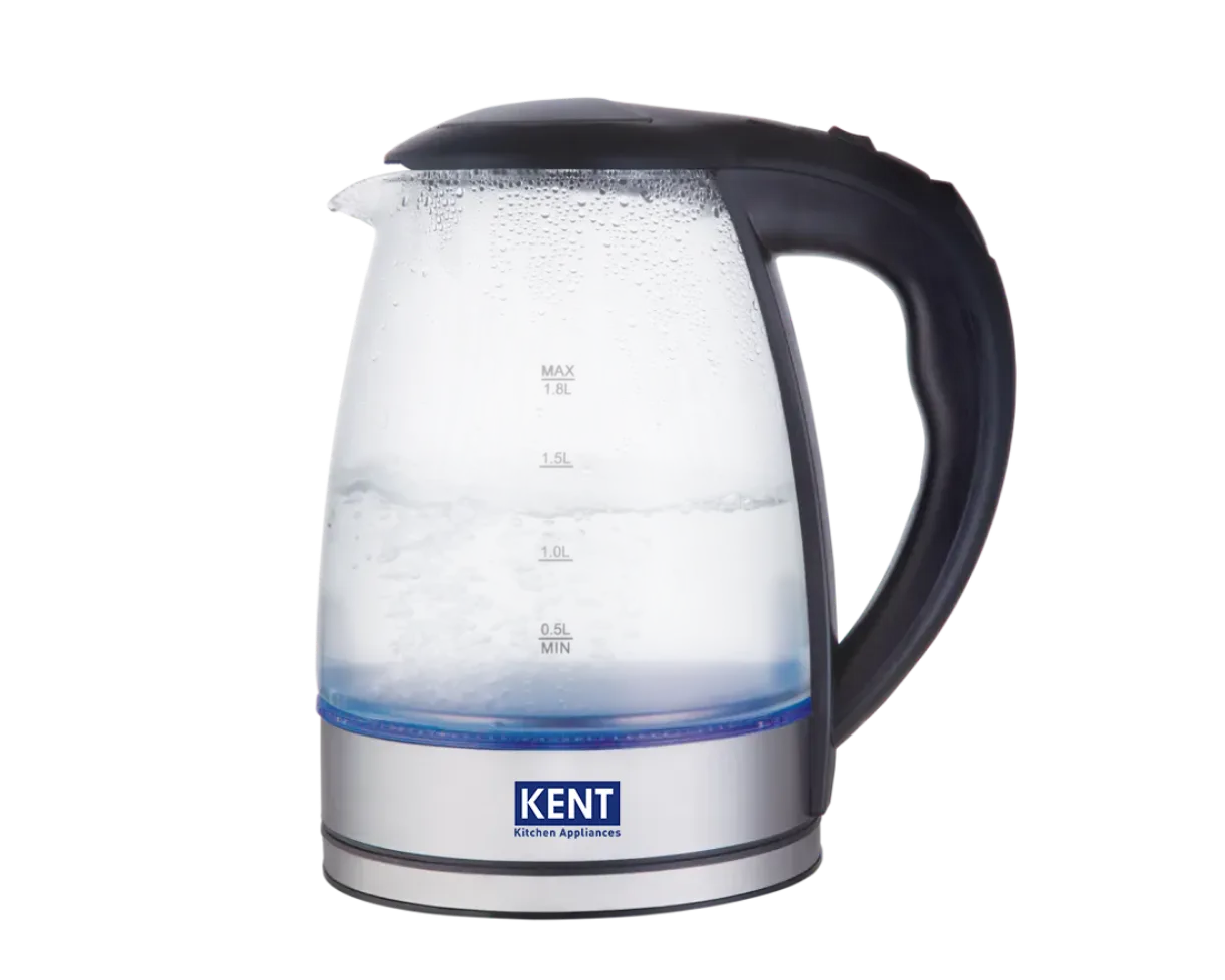 Kent Elegant Electric Glass Kettle with a clear glass body and stainless steel lid, perfect for boiling water efficiently.