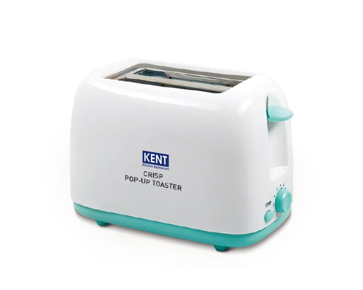 Kent Crisp Pop-Up Toaster with stainless steel finish, featuring two slots and control buttons for easy toasting.