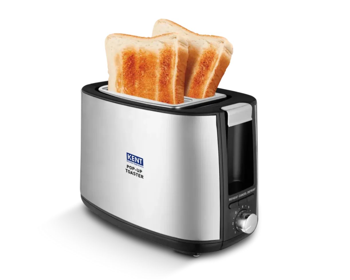Silver Kent pop-up toaster with two slots and control knobs, sleek design for toasting bread and bagels.