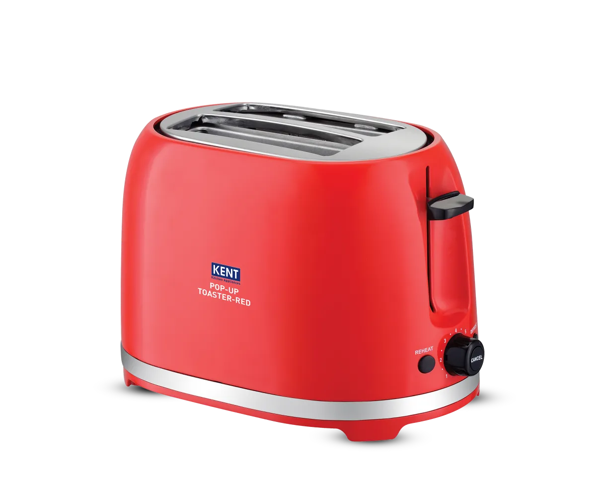 Red Kent pop-up toaster with two slots, stainless steel finish, and control knob for toasting bread slices.