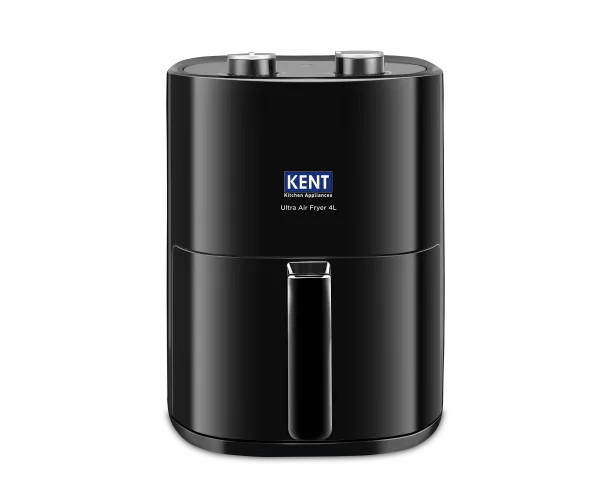Kent Ultra Air Fryer 4L, compact kitchen appliance with digital display and basket for healthy frying, black finish.
