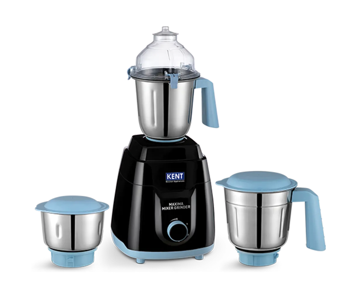 Kent Maxima Mixer Grinder with stainless steel jars, featuring multiple speed settings and a sleek modern design.