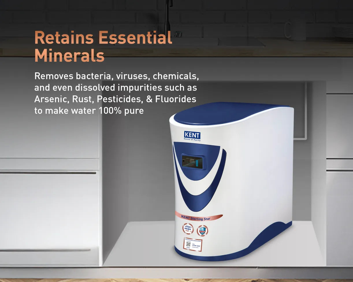 Kent Sterling Star water purifier from Kent RO Systems with a sleek white design and transparent water tank.
