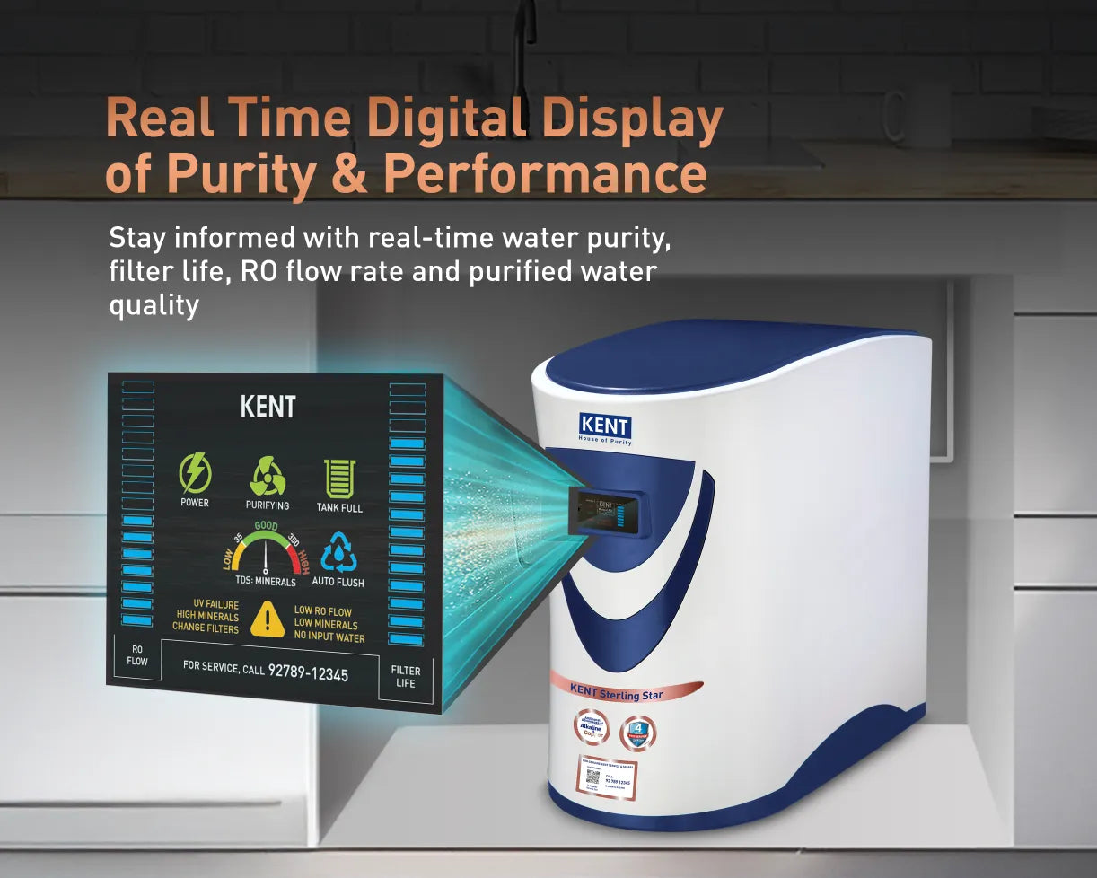 Kent Sterling Star water purifier with sleek design and control panel, featuring filter indicator and modern build.