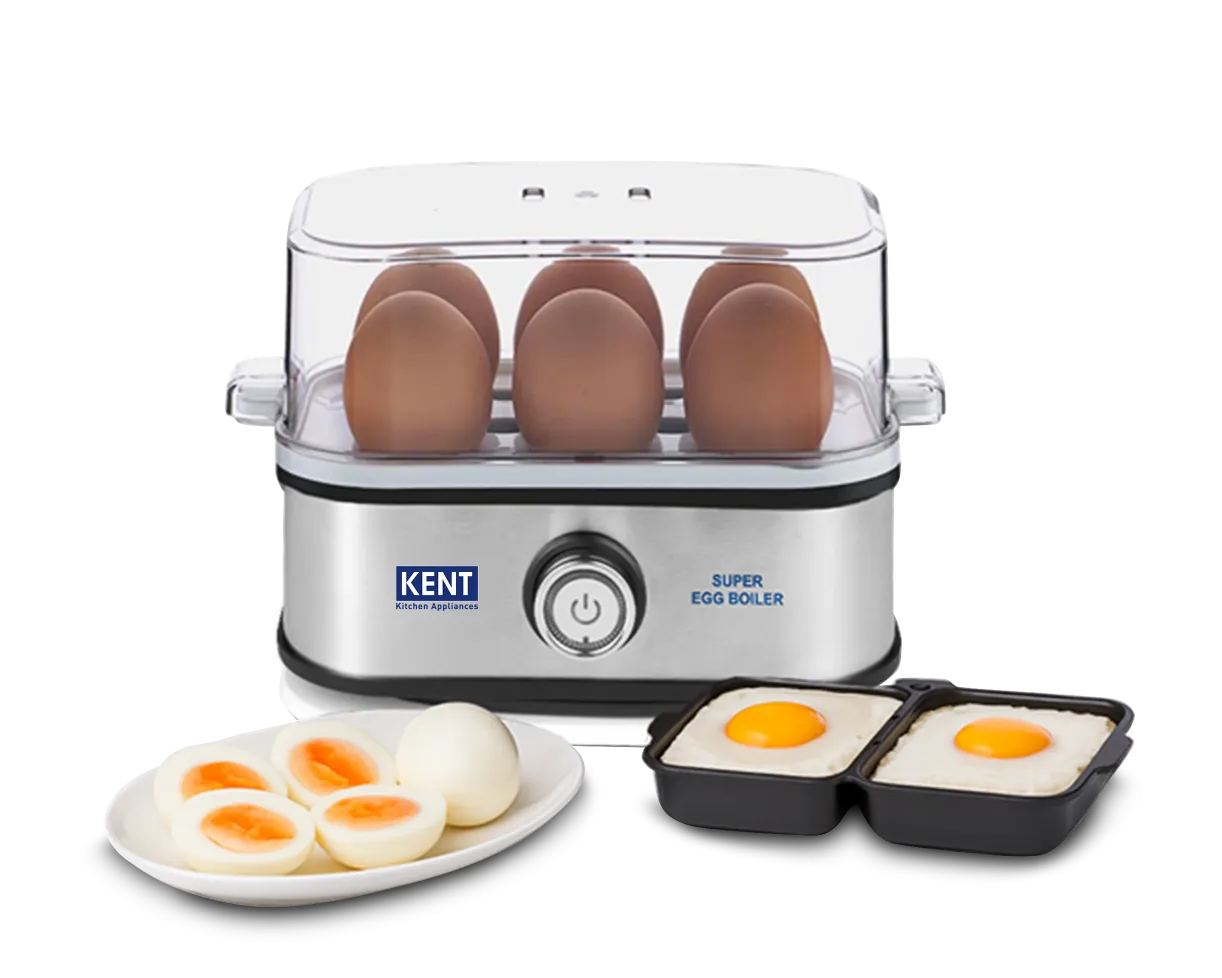 KENT Super Egg Boiler from Kent RO Systems, showing four eggs being boiled in a sleek, white egg cooker.
