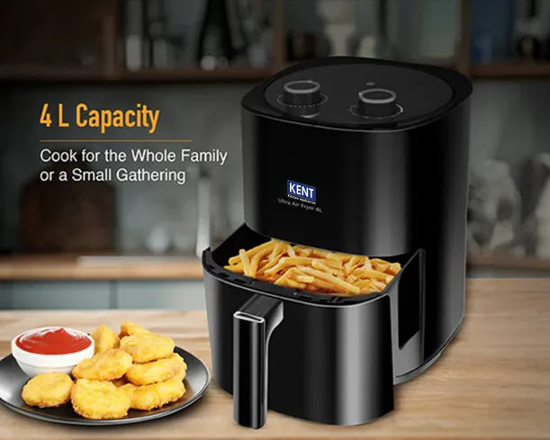 Kent Ultra Air Fryer 4L, compact kitchen appliance with digital controls, black finish, and stainless steel accents.
