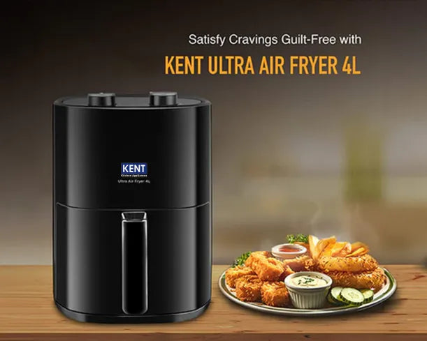 Kent Ultra Air Fryer 4L appliance with digital controls and non-stick basket for healthy cooking in the kitchen.