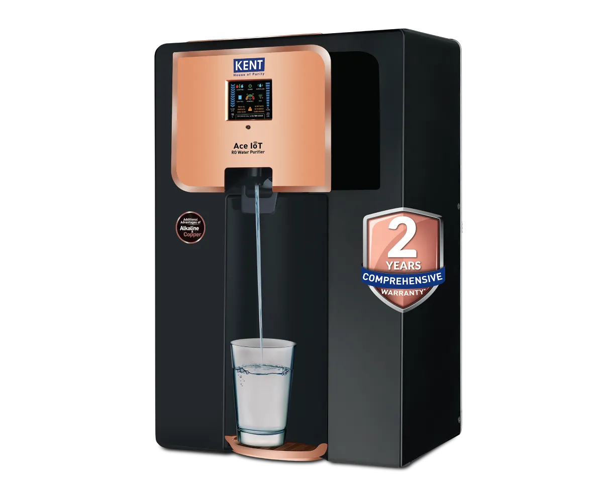 KENT Ace IoT 2Y RO+UF+UV+Alkaline+Copper+TDS Water Purifier — KENT Ace IoT 2Y RO water purifier with digital display