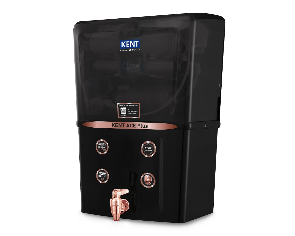Kent Ace Plus water purifier from Kent RO Systems with a sleek design and digital display, shown in a clean, modern kitchen setting.
