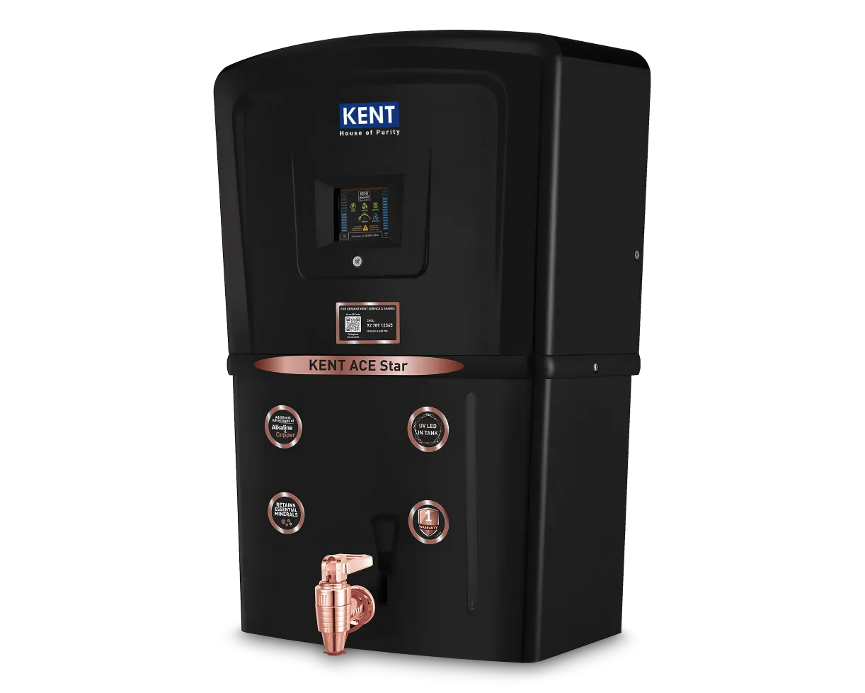 Kent Ace Star RO Water Purifier from Kent RO Systems, featuring a sleek design with a transparent water tank and control panel.