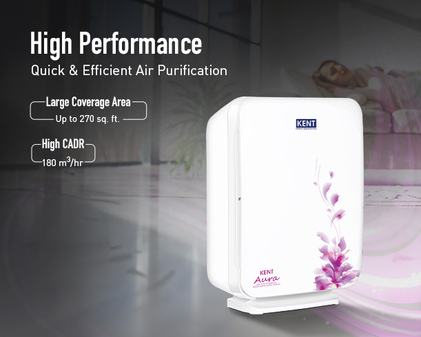 Kent Aura Air Purifier from Kent RO Systems, showing a sleek modern design with air filters and control panel.