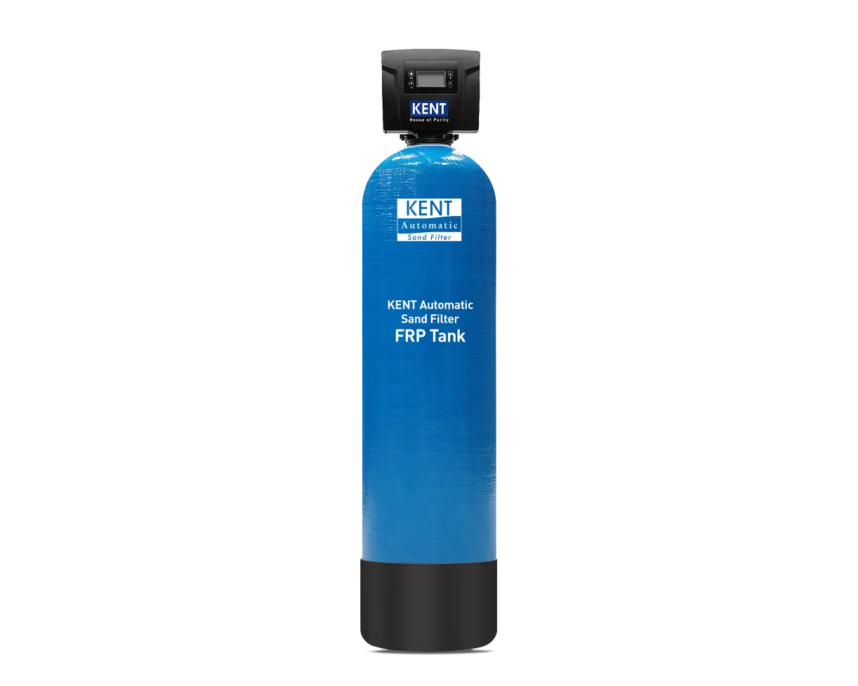 Kent Automatic Sand Filter 100L from Kent RO Systems, showing a large, clear plastic water filter with control valves and piping.