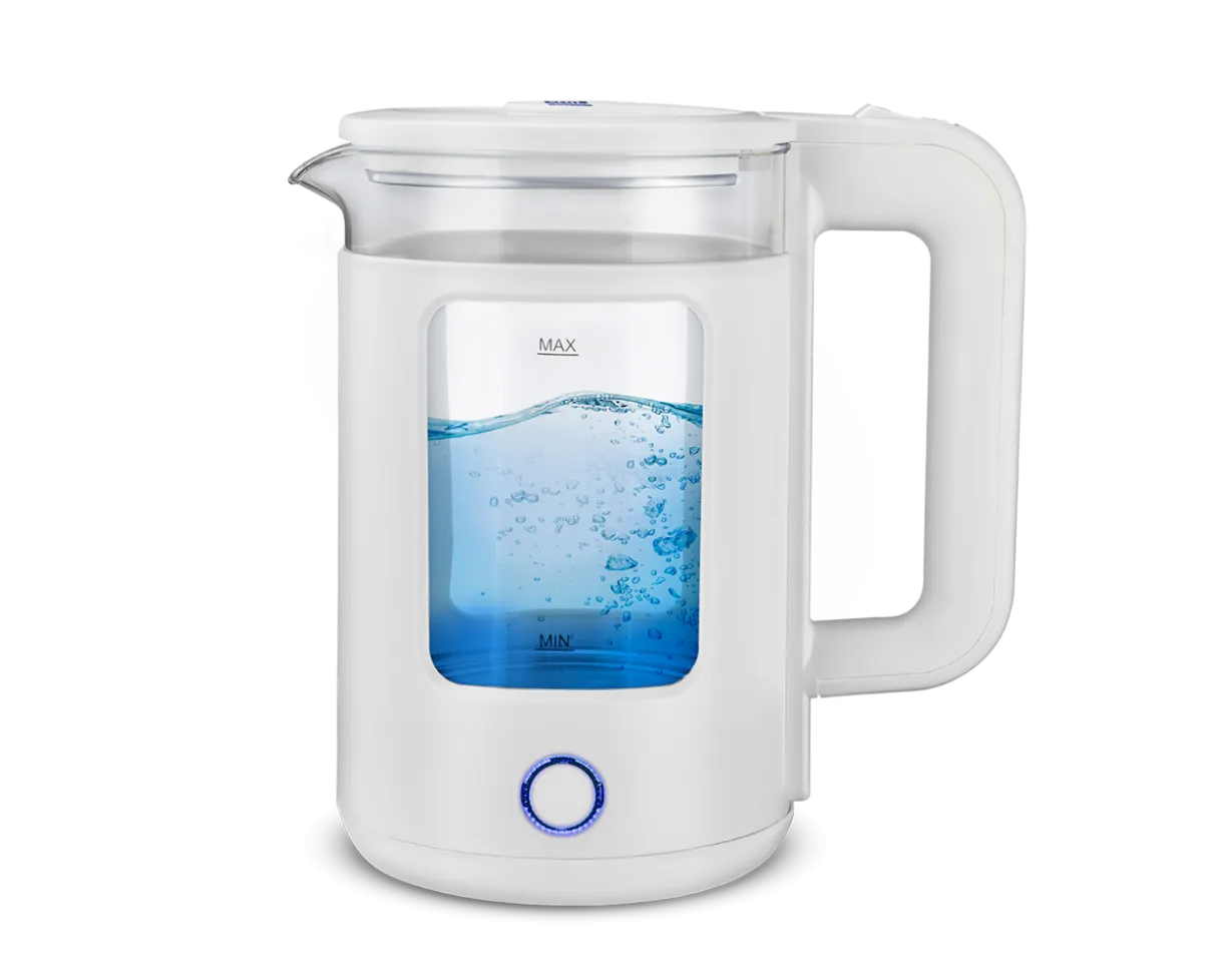 Kent Cool Touch Glass Kettle from Kent RO Systems with a clear glass body and stainless steel lid, showing the kettle on a kitchen countertop.