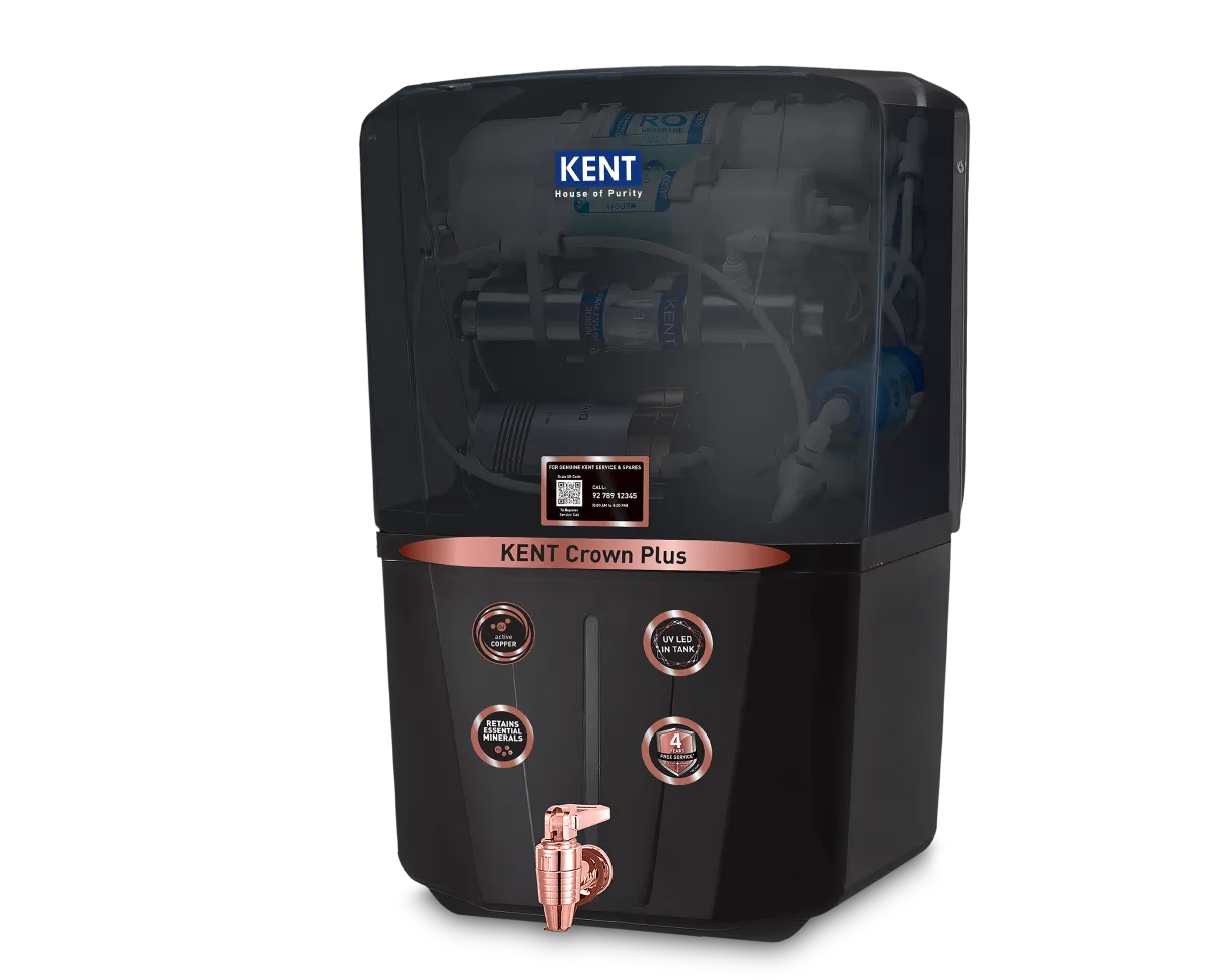 Kent Crown Plus RO water purifier in black with digital display and sleek design, showcasing its modern kitchen appliance features.