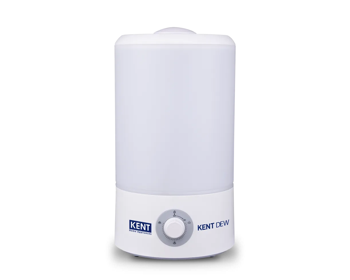 Kent Dew Ultrasonic Humidifier from Kent RO Systems, showing a sleek white humidifier with mist output on a modern surface.