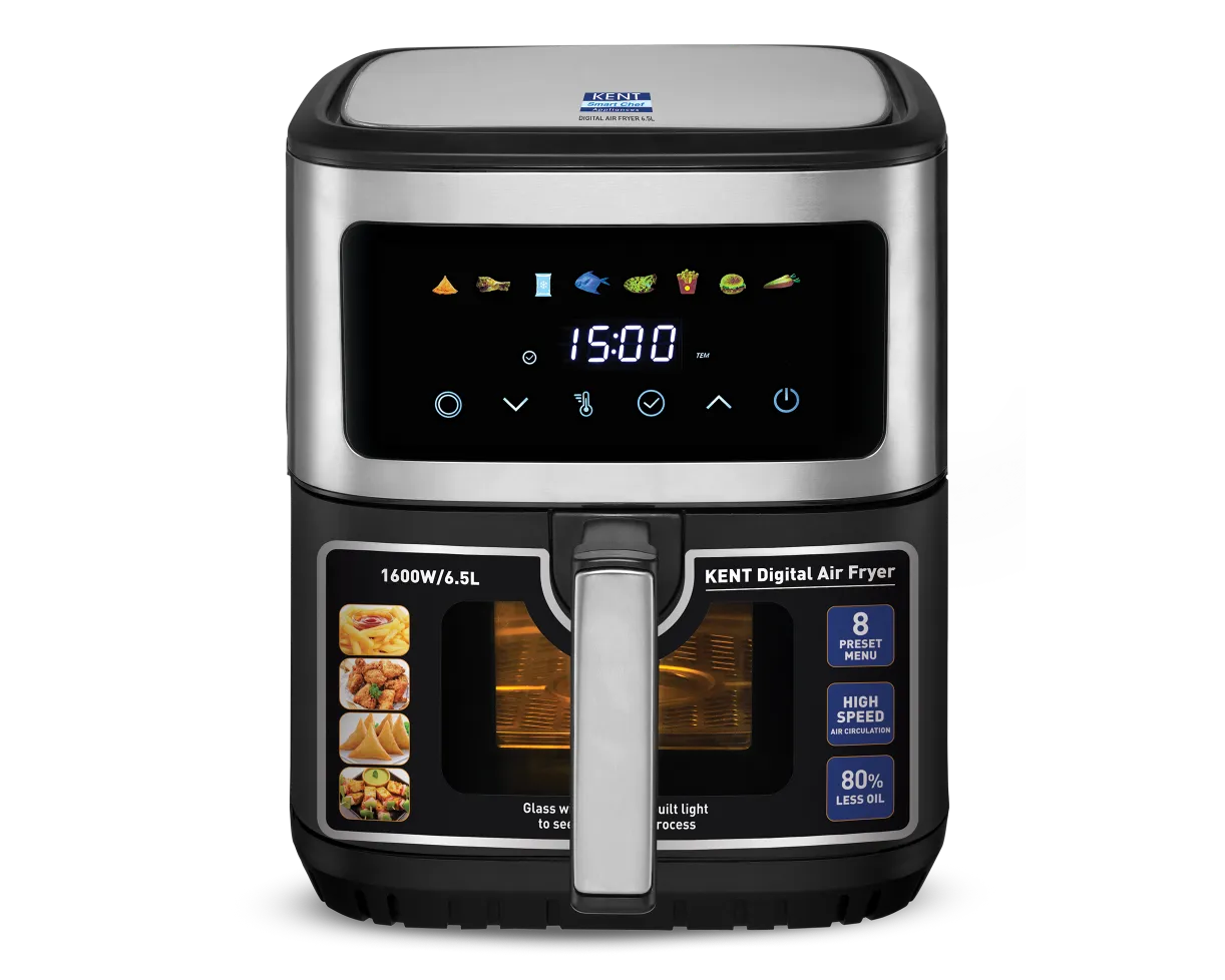 Kent Digital Air Fryer 6.5L from Kent RO Systems, with digital display and spacious cooking basket for healthy frying.