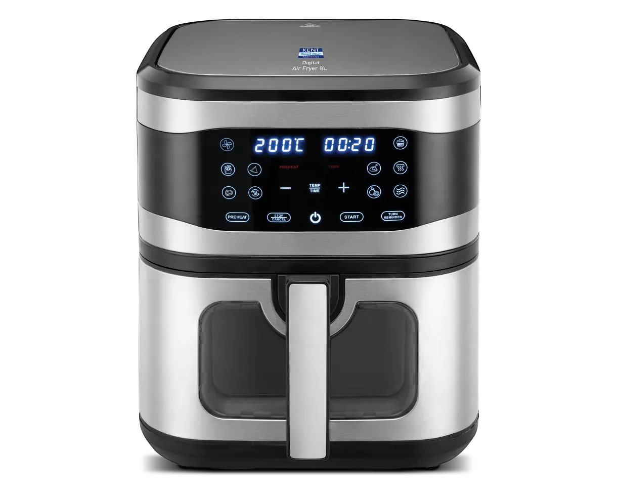Kent Digital Air Fryer 8L from Kent RO Systems, showing a sleek black air fryer with digital control panel and spacious cooking basket.